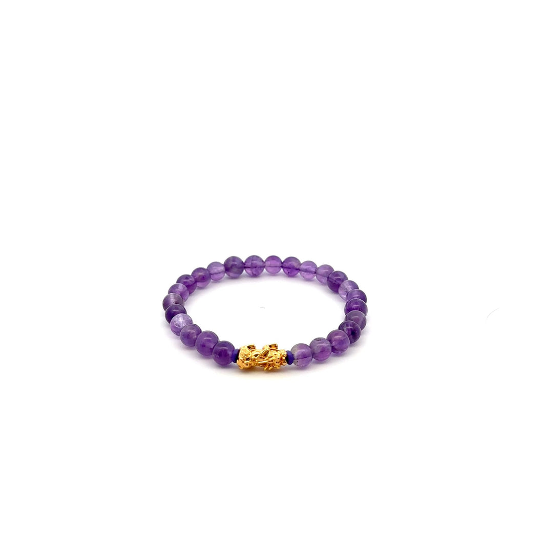 18K Gold Pixiu Piyao Lucky Charm Bracelet Natural Amethyst Gemstones 6mm February Birthstones