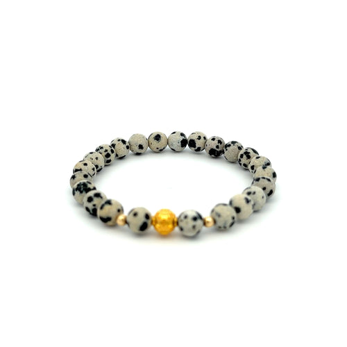 18K Gold Money Ball Lucky Charm Beads Bracelet Gemstones Dalmatian Jasper 6mm - Rafant
