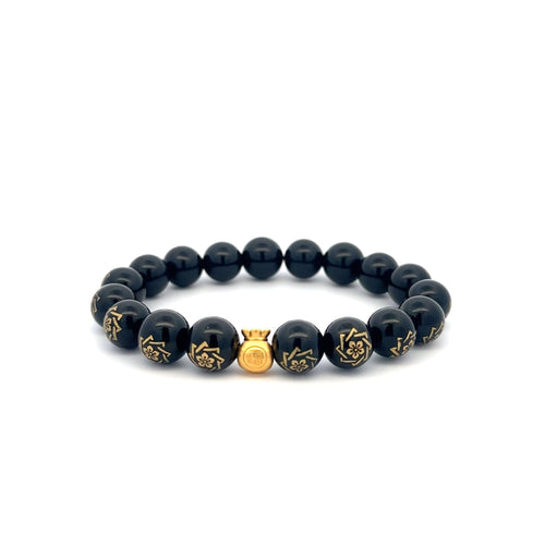24K Yellow Gold Money Bag Lucky Bracelet Carved Black Agate Gemstones 10mm - Rafant