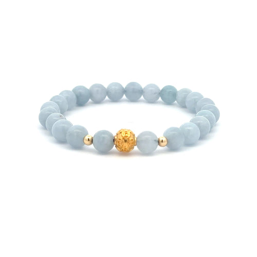 18K Gold Money Ball Lucky Charm Beads Bracelet Gemstones Aquamarine 6mm - Rafant