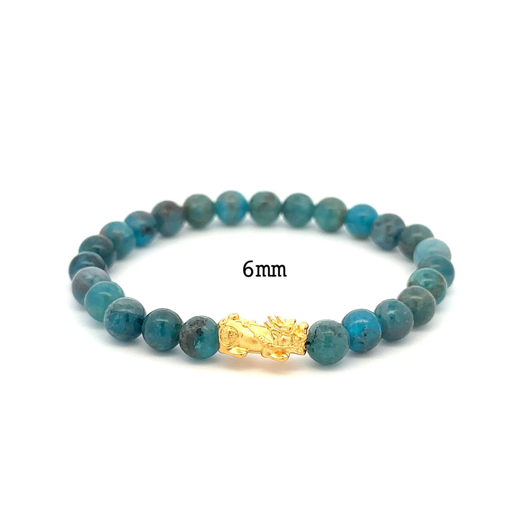 Real 18K Gold Piyao Pixiu Lucky Charm Bracelet Natural Apatite Gemstones 6mm-8mm - Rafant