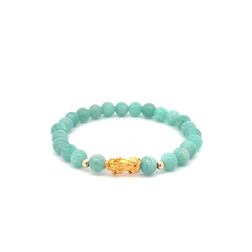 18K Gold Dragon Pixiu Piyao Lucky Charm Beads Bracelet Gemstones Amazonite Peru 6mm - Rafant