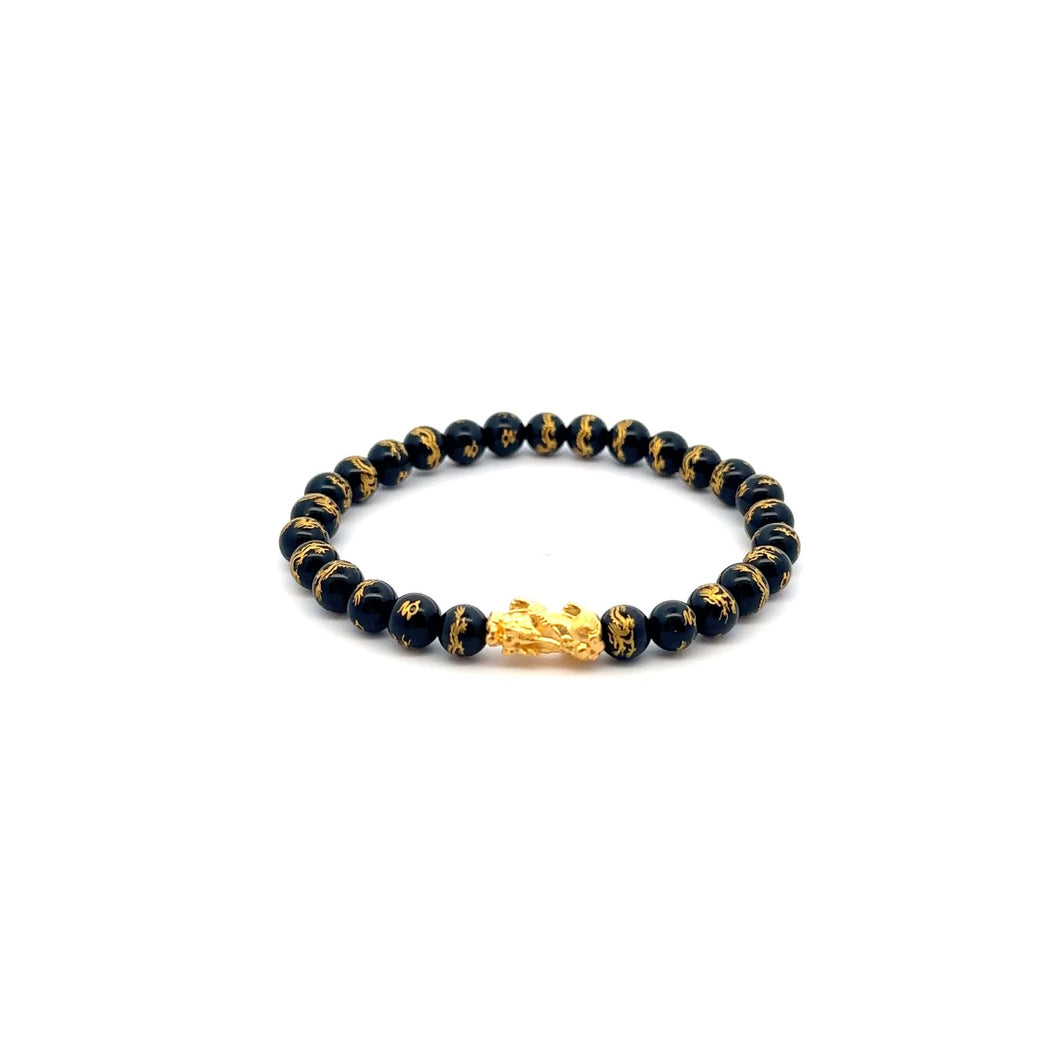 24K Gold Piyao Pixiu Lucky Charm Bracelet Gemstones Onyx Carved Dragon 6mm