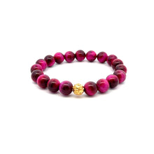 Load image into Gallery viewer, 18K Gold Money Ball Lucky Bracelet Gemstones Dyed Pink Tiger&#39;s Eye 10mm Size 6.75&quot;
