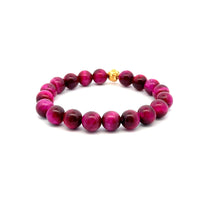 Load image into Gallery viewer, 18K Gold Money Ball Lucky Bracelet Gemstones Dyed Pink Tiger&#39;s Eye 10mm Size 6.75&quot;
