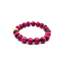 Load image into Gallery viewer, 18K Gold Money Ball Lucky Bracelet Gemstones Dyed Pink Tiger&#39;s Eye 10mm Size 6.75&quot;
