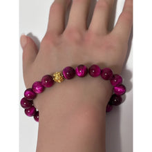 Load image into Gallery viewer, 18K Gold Money Ball Lucky Bracelet Gemstones Dyed Pink Tiger&#39;s Eye 10mm Size 6.75&quot;
