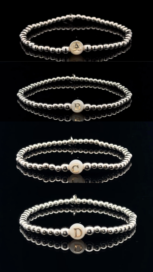 925 Sterling Silver Beaded Stretch Stacking Bracelet MOP Letters Initials - Rafant