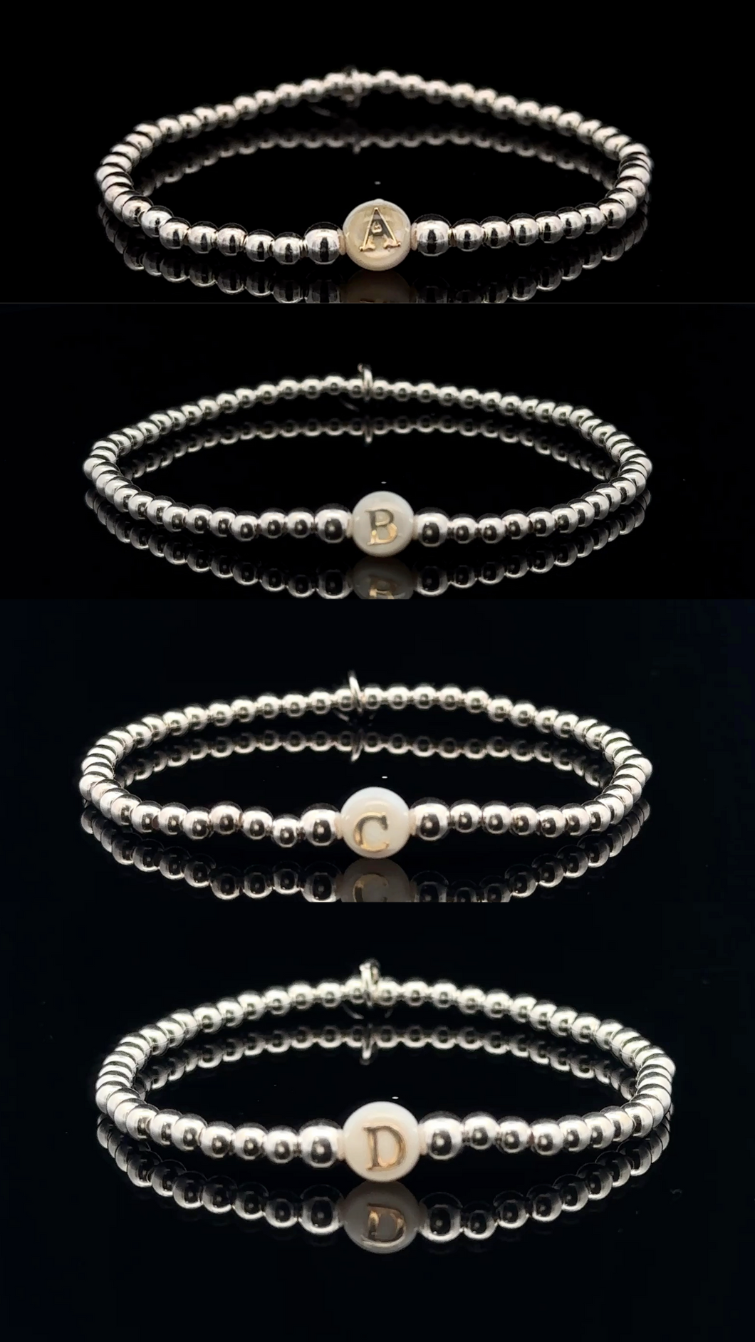 925 Sterling Silver Beaded Stretch Stacking Bracelet MOP Letters Initials