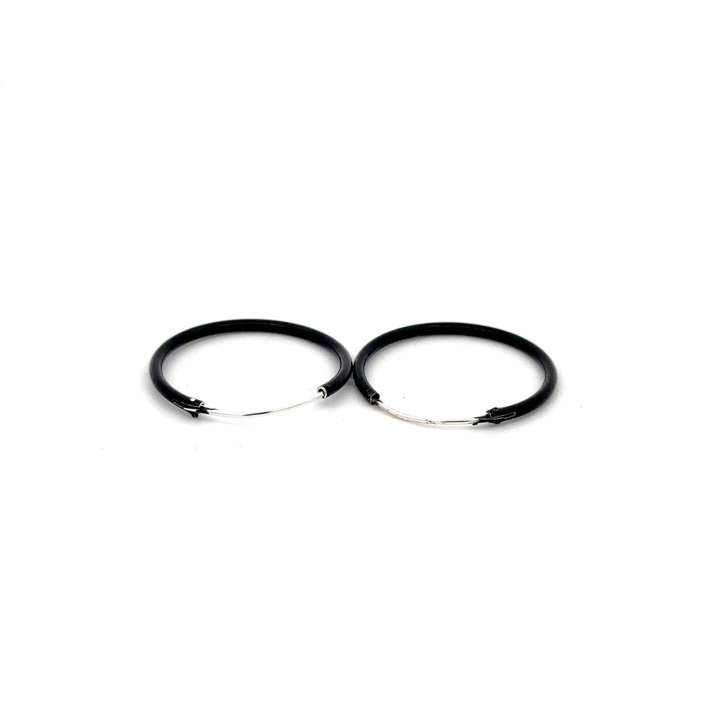 925 Sterling Silver Hoops Black Enamel Earrings - Rafant