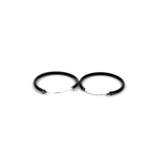925 Sterling Silver Hoops Black Enamel Earrings - Rafant
