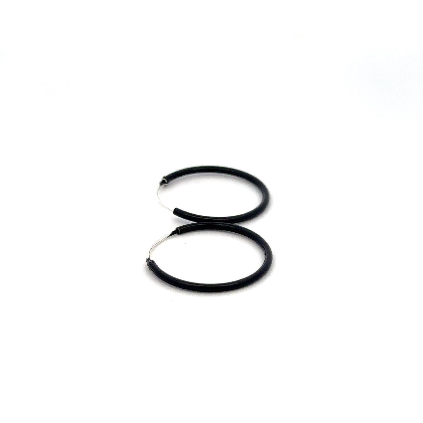 925 Sterling Silver Hoops Black Enamel Earrings - Rafant