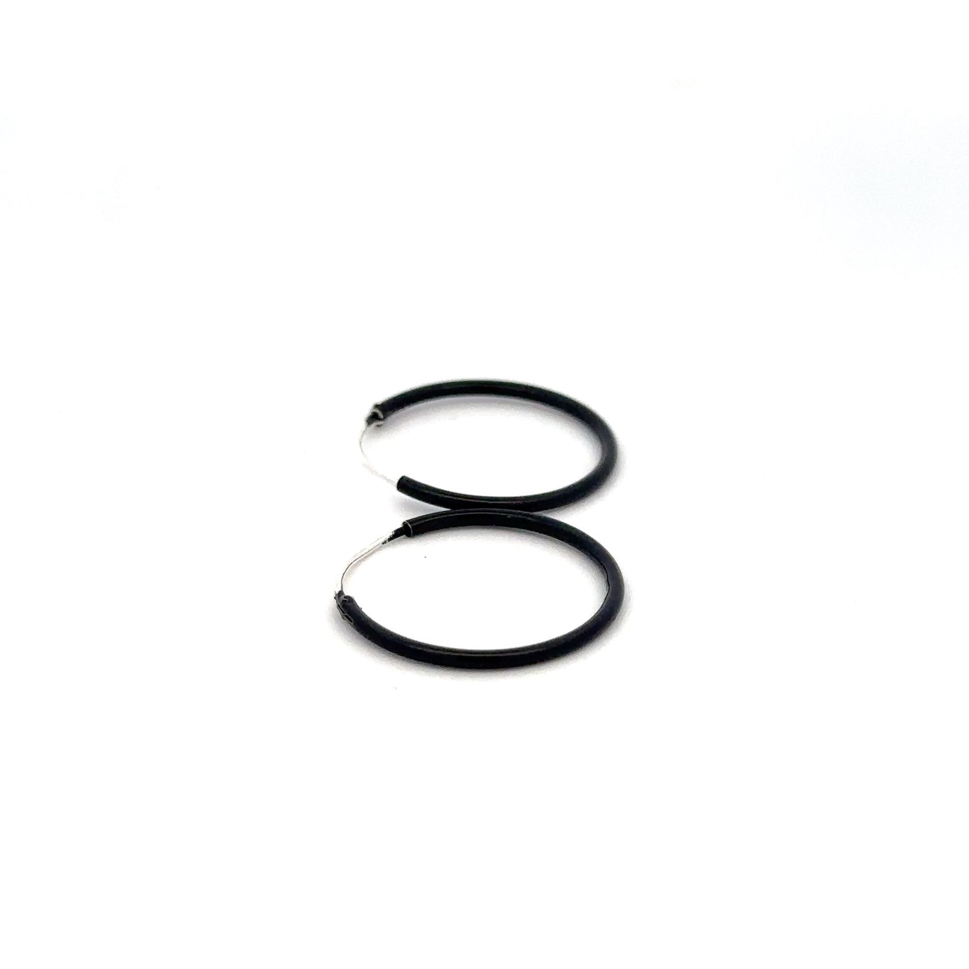 925 Sterling Silver Hoops Black Enamel Earrings - Rafant