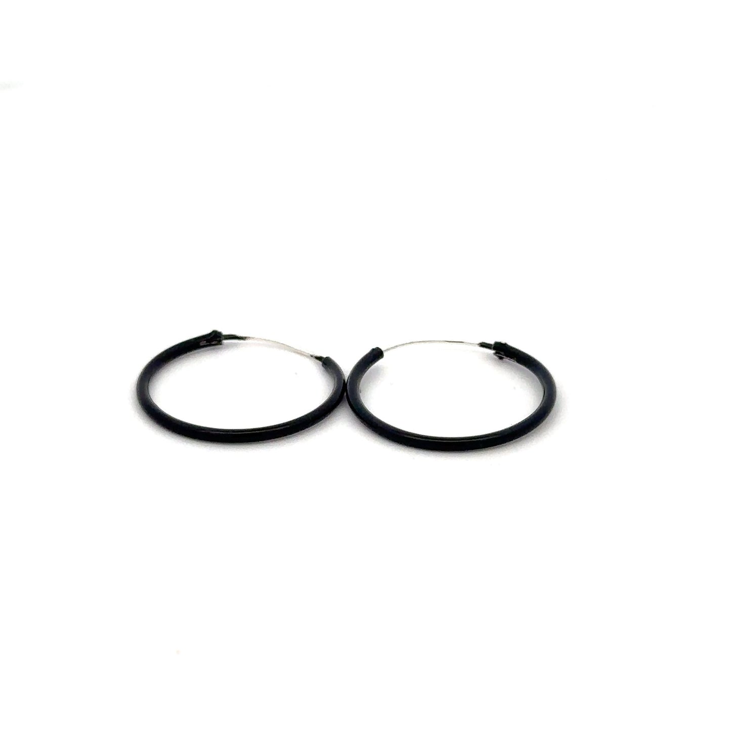 925 Sterling Silver Hoops Black Enamel Earrings - Rafant