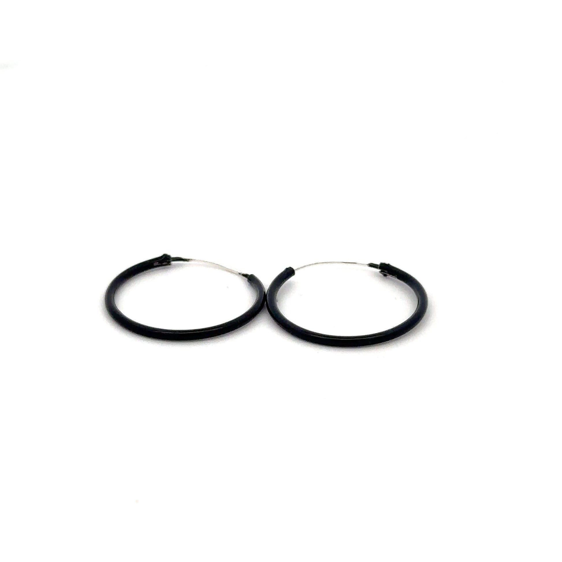 925 Sterling Silver Hoops Black Enamel Earrings - Rafant
