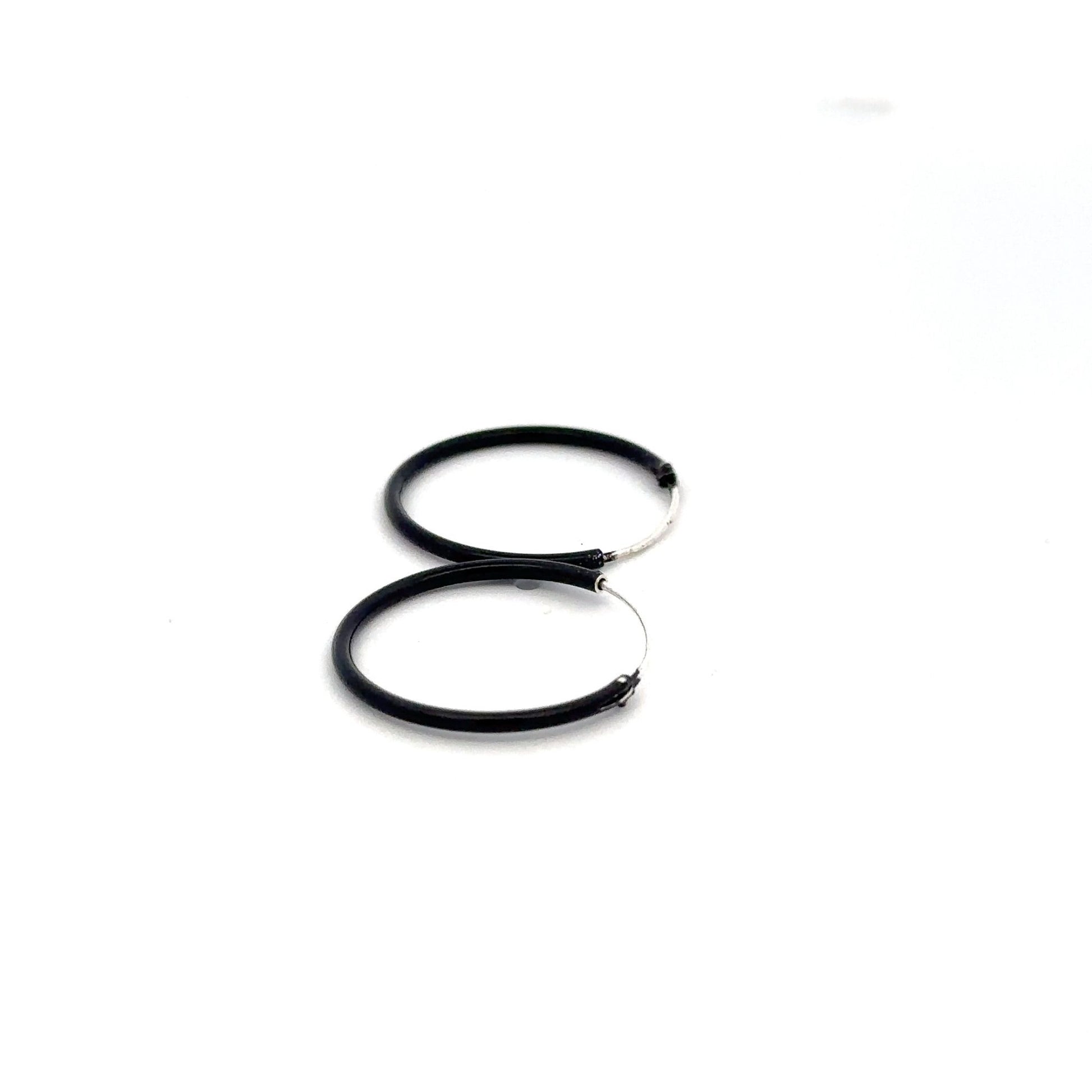 925 Sterling Silver Hoops Black Enamel Earrings - Rafant