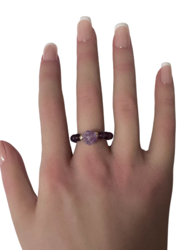 Natural Gemstone Flower and Beads Stretch Ring with 14K Gold Bead - Rafant