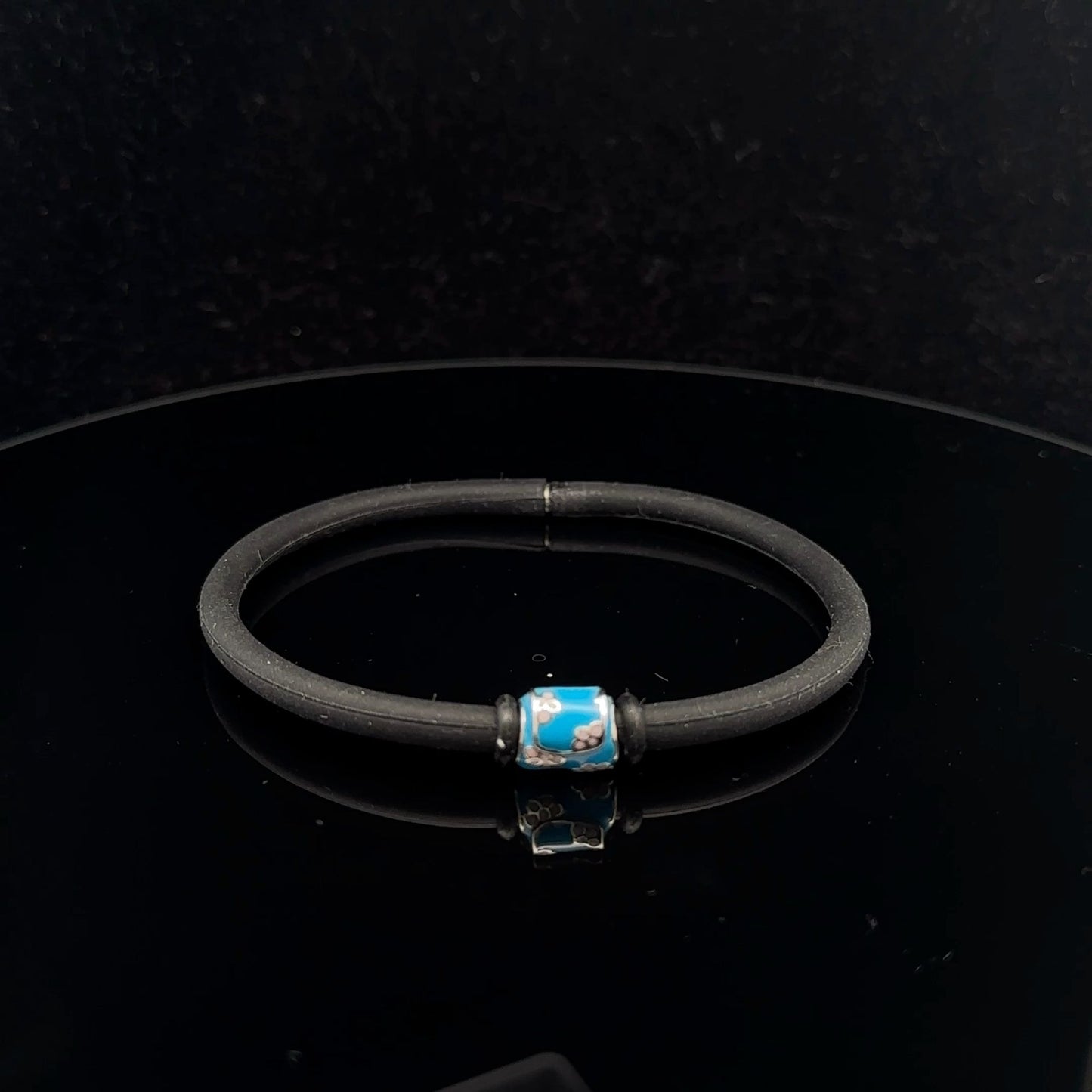 925 Sterling Silver Charm Bead Bag Blue Enamel Silicone Bracelet Cord 7.25 inches - Rafant