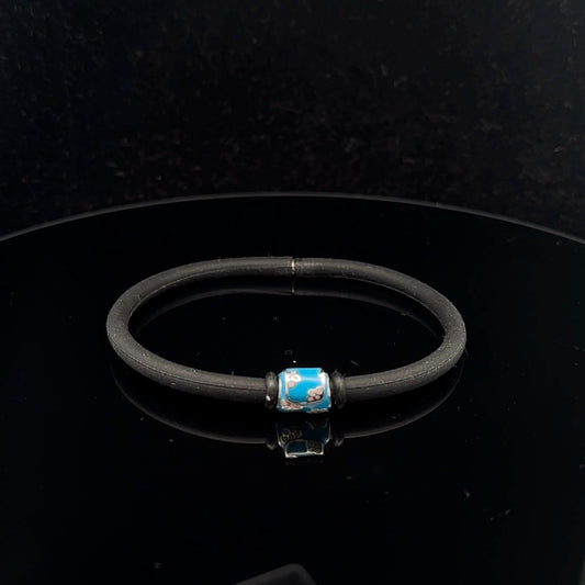 925 Sterling Silver Charm Bead Bag Blue Enamel Silicone Bracelet Cord 7.25 inches - Rafant