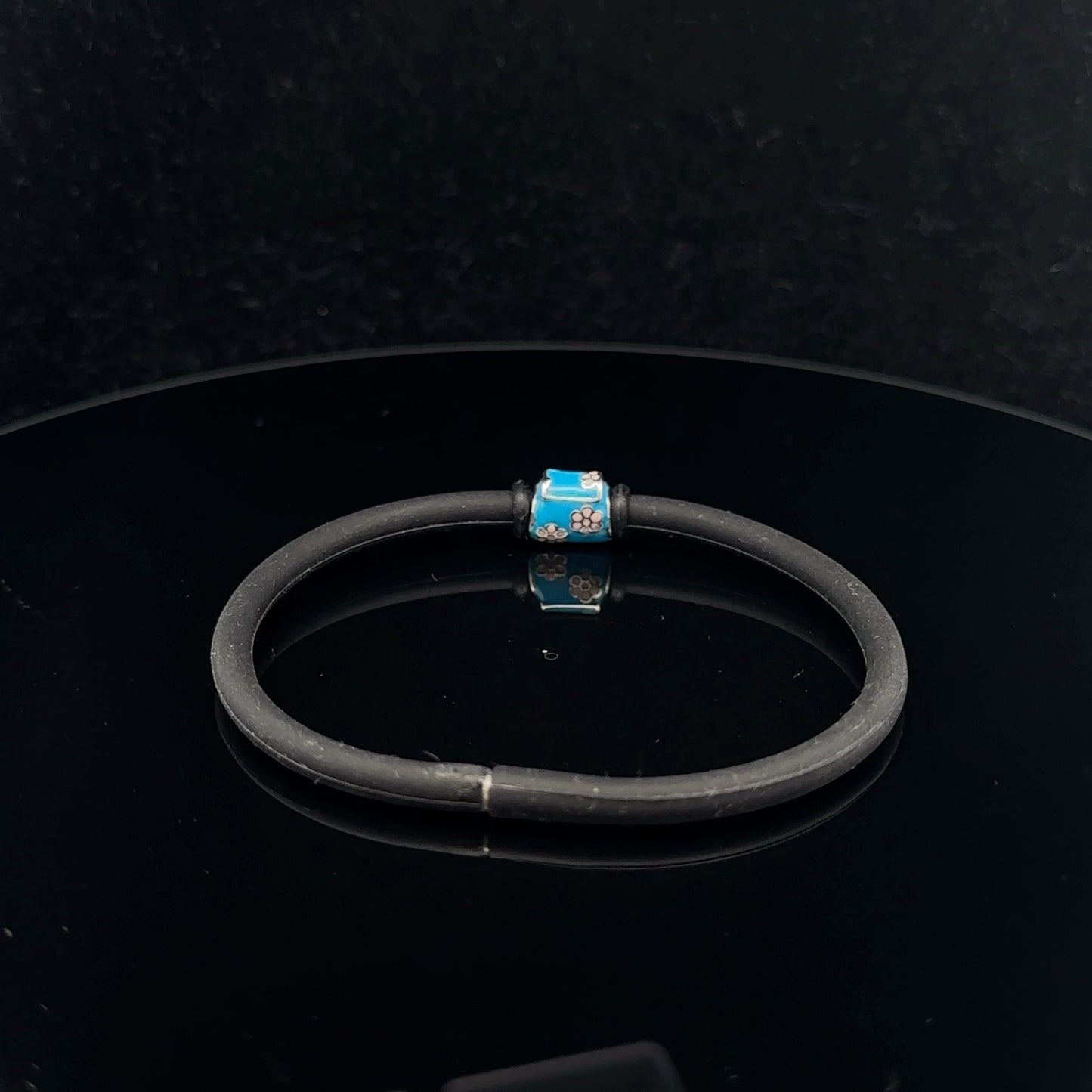 925 Sterling Silver Charm Bead Bag Blue Enamel Silicone Bracelet Cord 7.25 inches - Rafant