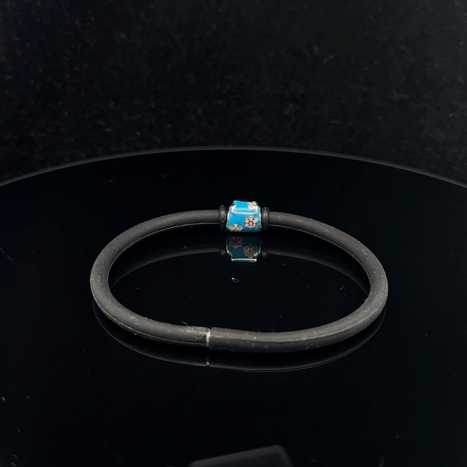 925 Sterling Silver Charm Bead Bag Blue Enamel Silicone Bracelet Cord 7.25 inches - Rafant