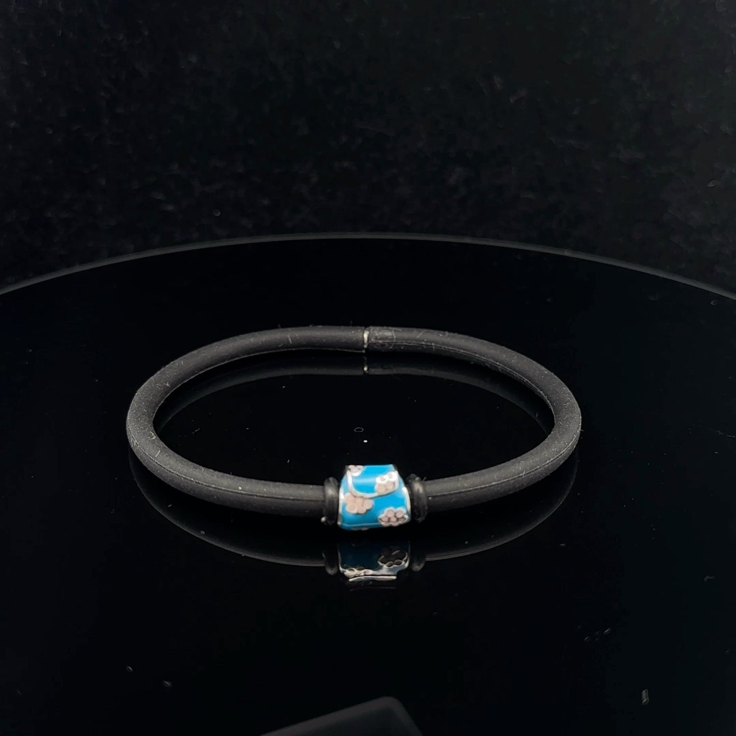 925 Sterling Silver Charm Bead Bag Blue Enamel Silicone Bracelet Cord 7.25 inches - Rafant