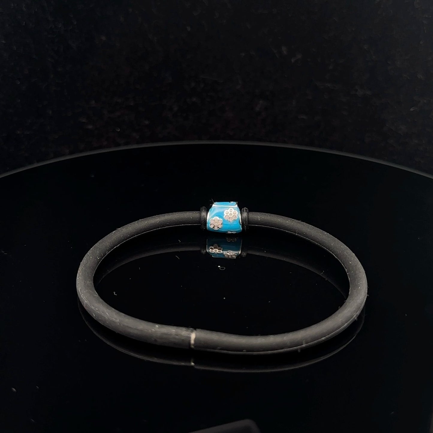 925 Sterling Silver Charm Bead Bag Blue Enamel Silicone Bracelet Cord 7.25 inches - Rafant