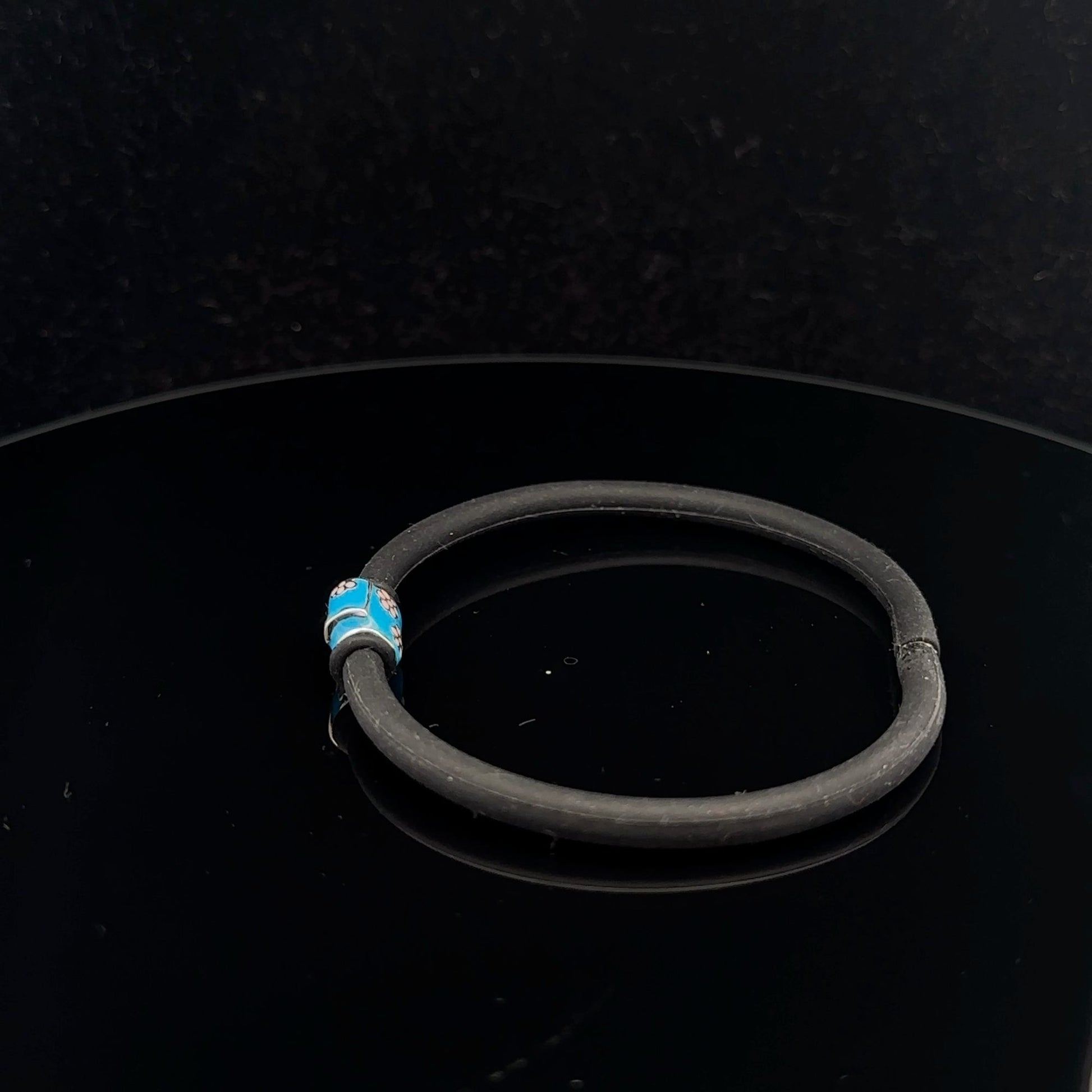 925 Sterling Silver Charm Bead Bag Blue Enamel Silicone Bracelet Cord 7.25 inches - Rafant