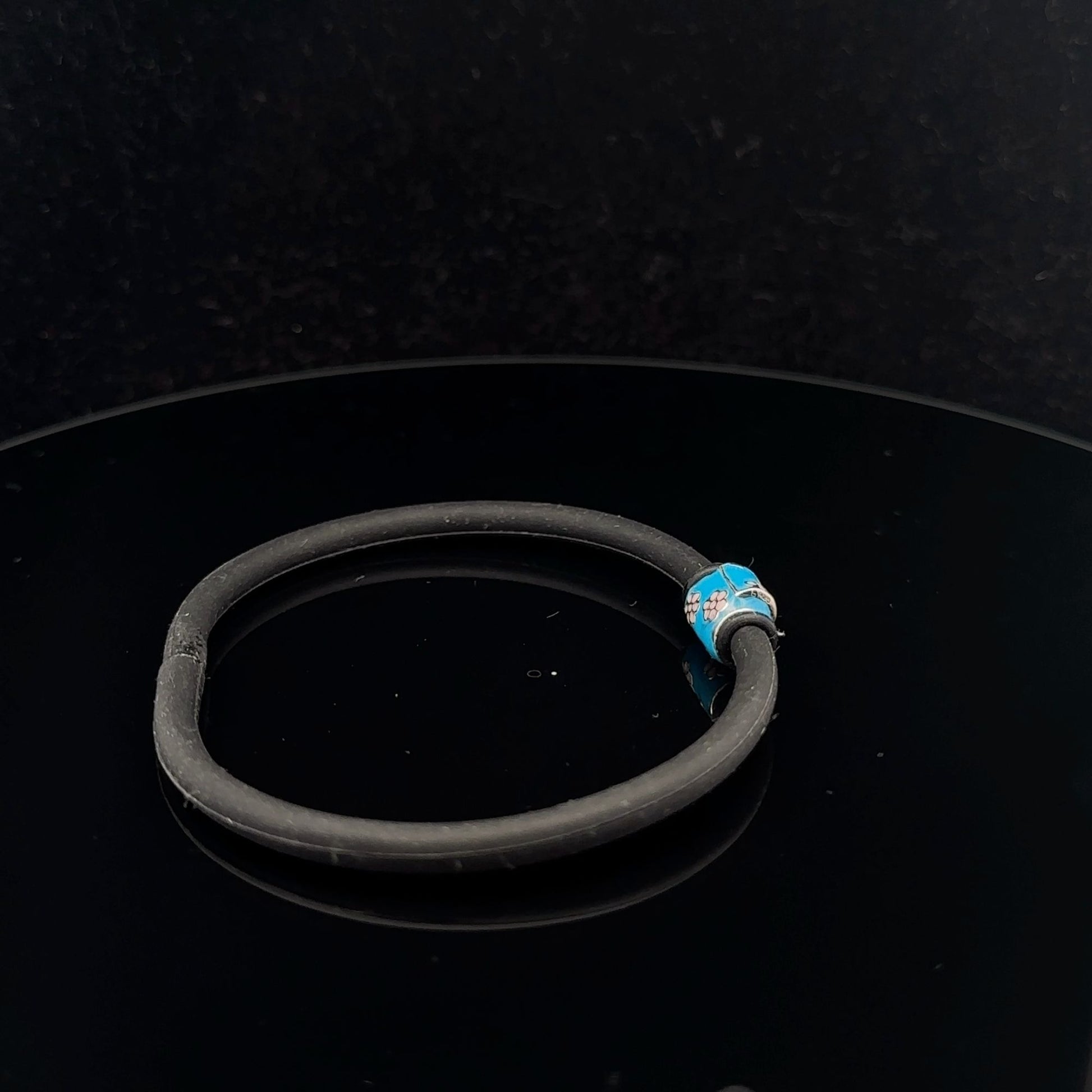 925 Sterling Silver Charm Bead Bag Blue Enamel Silicone Bracelet Cord 7.25 inches - Rafant