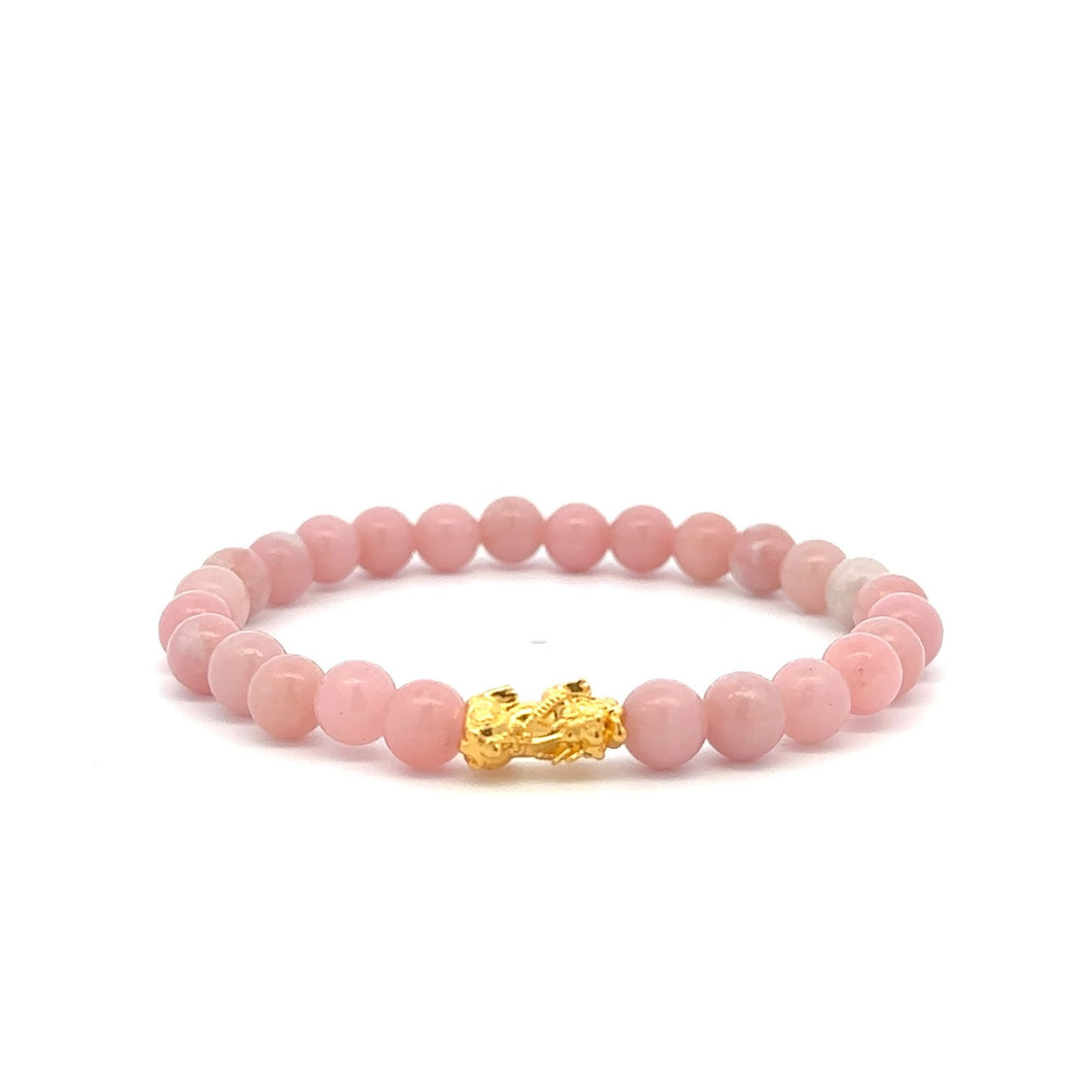 18K Gold Piyao Pixiu Dragon Lucky Charm Bracelet Gemstones Pink Opal 6mm - Rafant