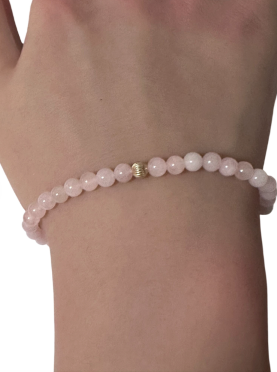 Gemstones Natural Rose Quartz 6mm 4mm Stretch Bracelet with 14k Gold Bead Choose Yellow, Stardust, Corrugated - Rafant