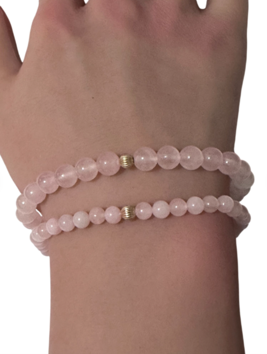 Gemstones Natural Rose Quartz 6mm 4mm Stretch Bracelet with 14k Gold Bead Choose Yellow, Stardust, Corrugated - Rafant
