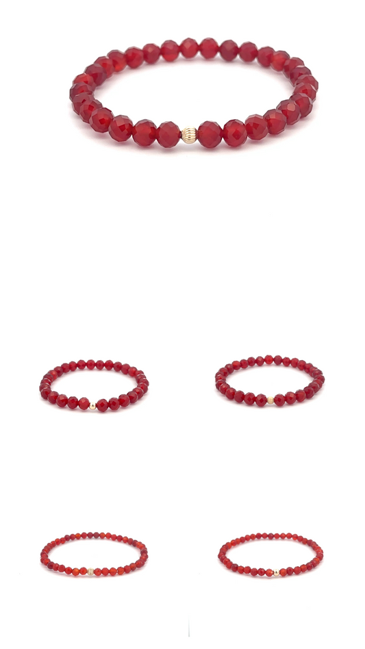 Natural Gemstones Carnelian Microfaceted 4mm Stretch Bracelet with 14K Bead Choose Polished, Stardust, Corrugated - Rafant