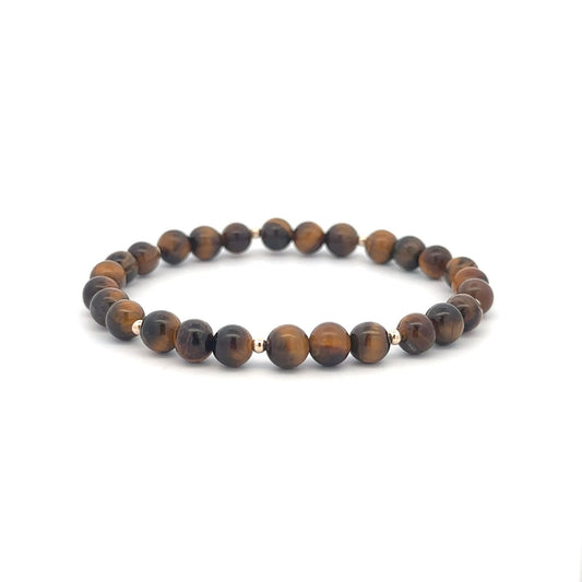 Tiger's Eye Gemstone Beaded Stretch Bracelet with 14K Gold Accent Beads Handmade Natural Stone Jewelry Size 6.5 inches - Rafant