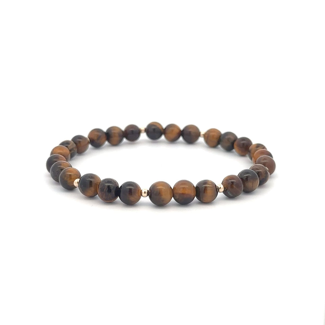 Tiger's Eye Gemstone Beaded Stretch Bracelet with 14K Gold Accent Beads Handmade Natural Stone Jewelry Size 6.5 inches - Rafant