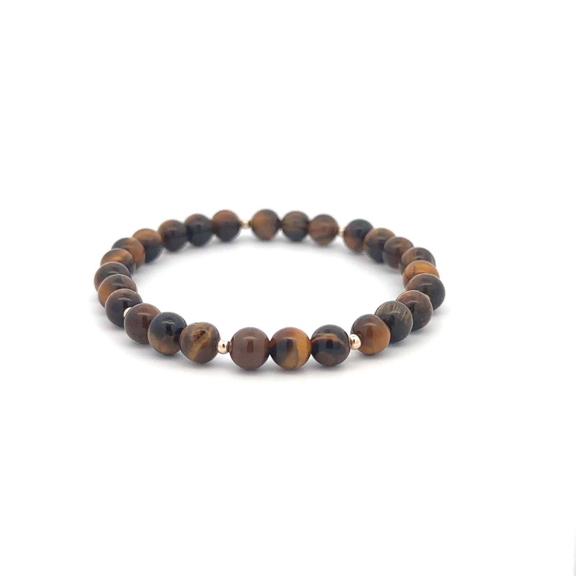 Tiger's Eye Gemstone Beaded Stretch Bracelet with 14K Gold Accent Beads Handmade Natural Stone Jewelry Size 6.5 inches - Rafant
