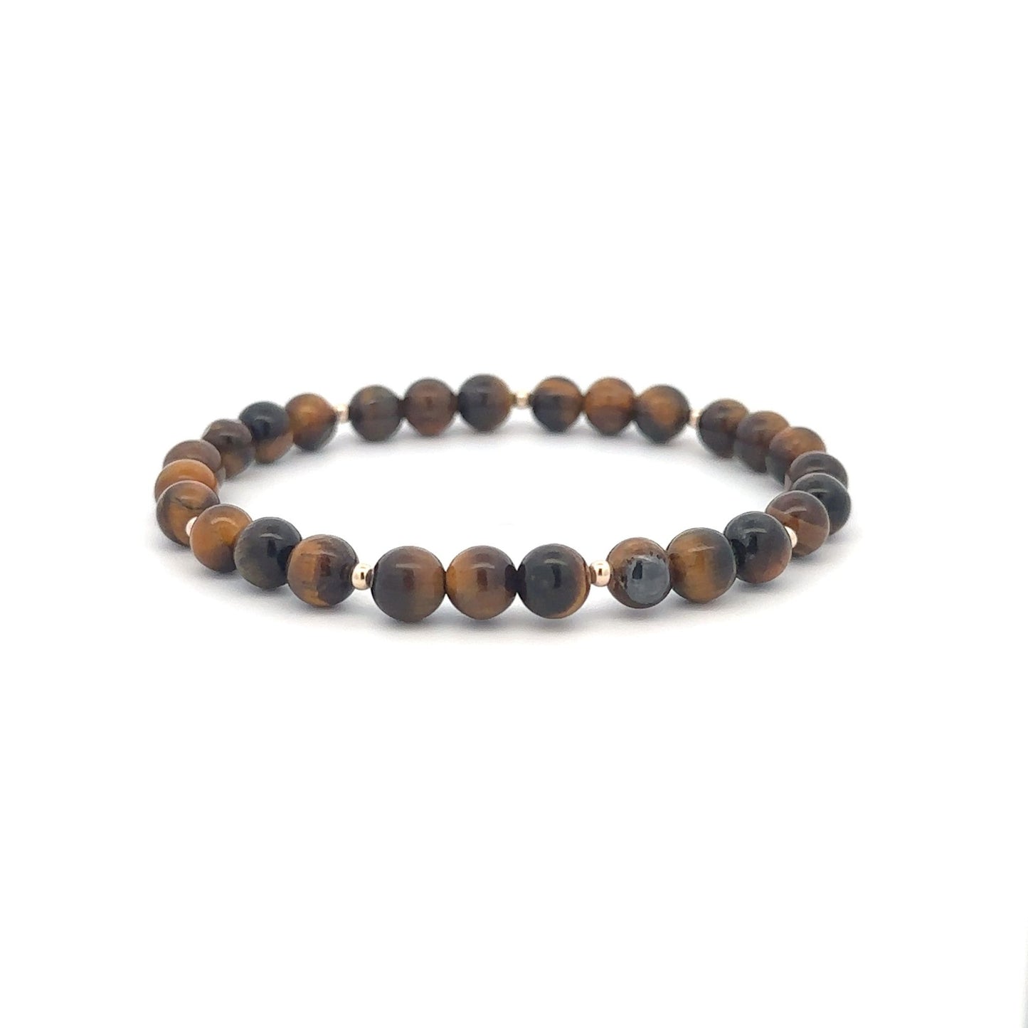 Tiger's Eye Gemstone Beaded Stretch Bracelet with 14K Gold Accent Beads Handmade Natural Stone Jewelry Size 6.5 inches - Rafant