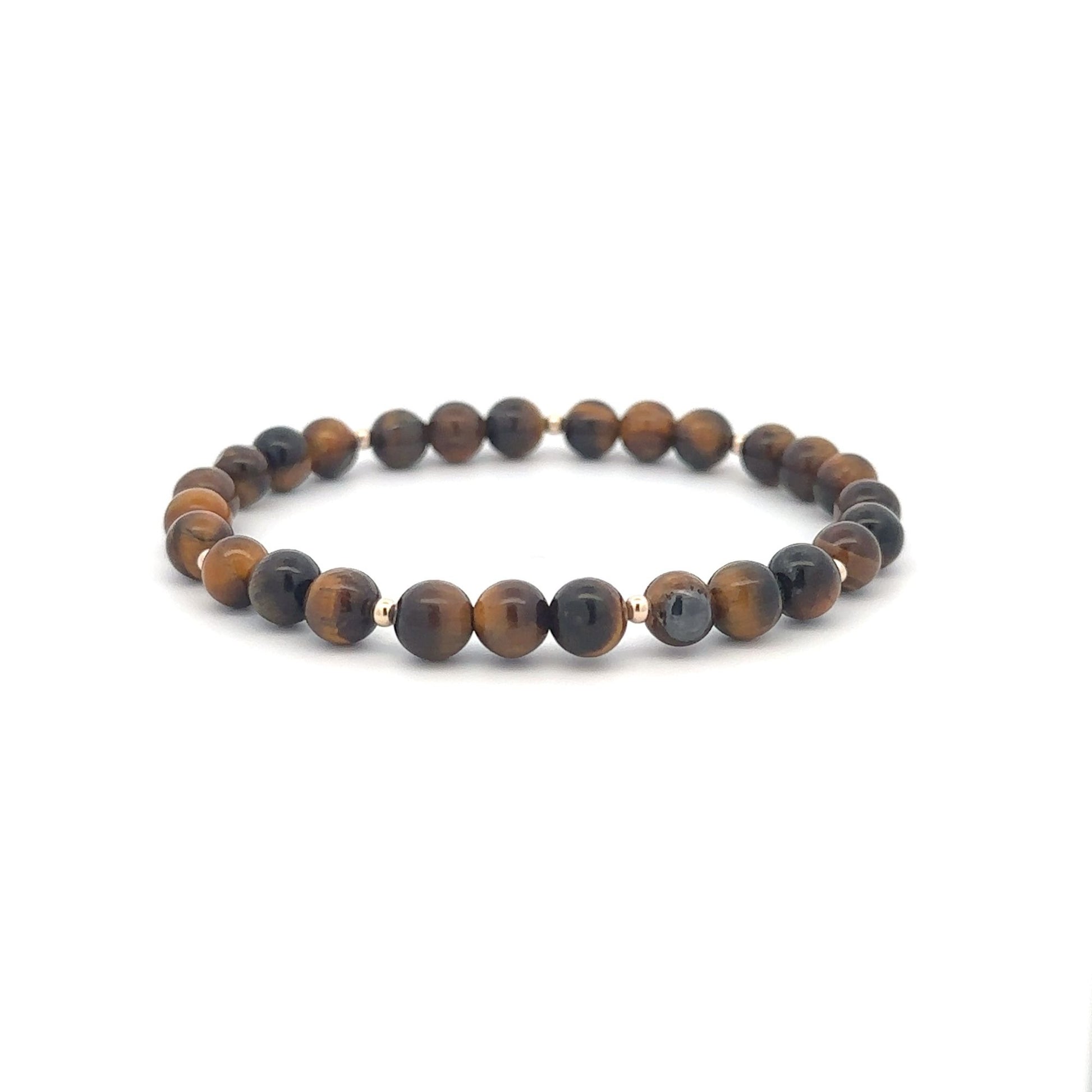 Tiger's Eye Gemstone Beaded Stretch Bracelet with 14K Gold Accent Beads Handmade Natural Stone Jewelry Size 6.5 inches - Rafant