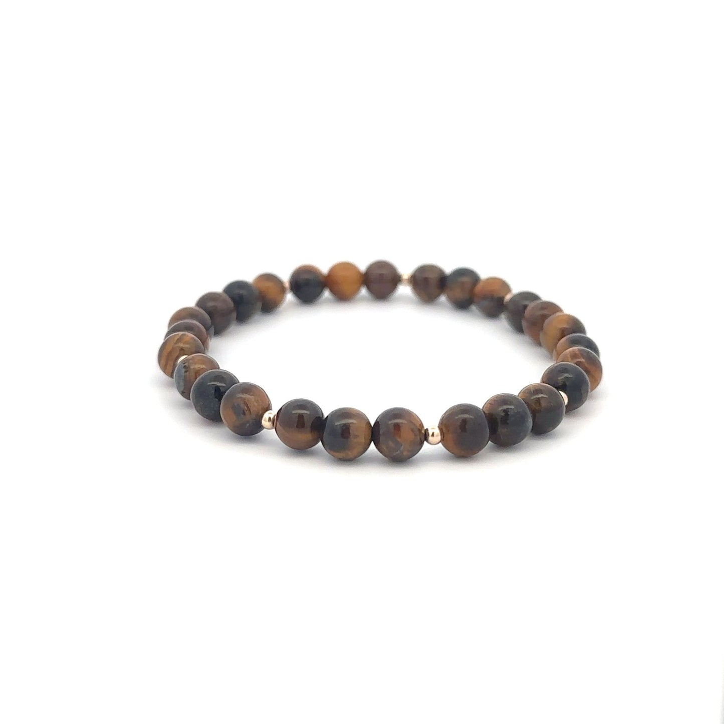 Tiger's Eye Gemstone Beaded Stretch Bracelet with 14K Gold Accent Beads Handmade Natural Stone Jewelry Size 6.5 inches - Rafant