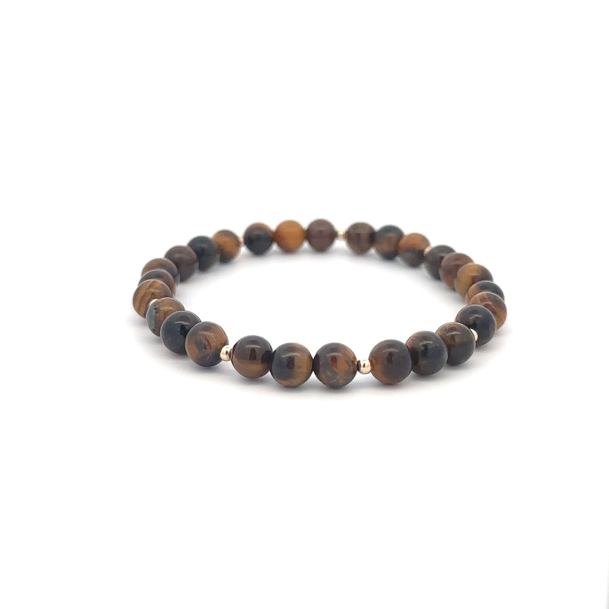 Tiger's Eye Gemstone Beaded Stretch Bracelet with 14K Gold Accent Beads Handmade Natural Stone Jewelry Size 6.5 inches - Rafant