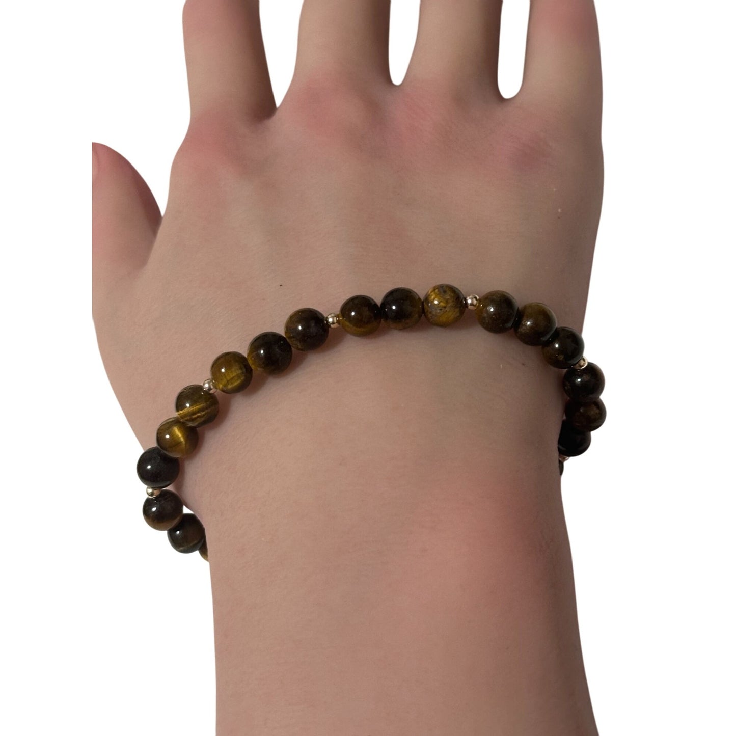 Tiger's Eye Gemstone Beaded Stretch Bracelet with 14K Gold Accent Beads Handmade Natural Stone Jewelry Size 6.5 inches - Rafant
