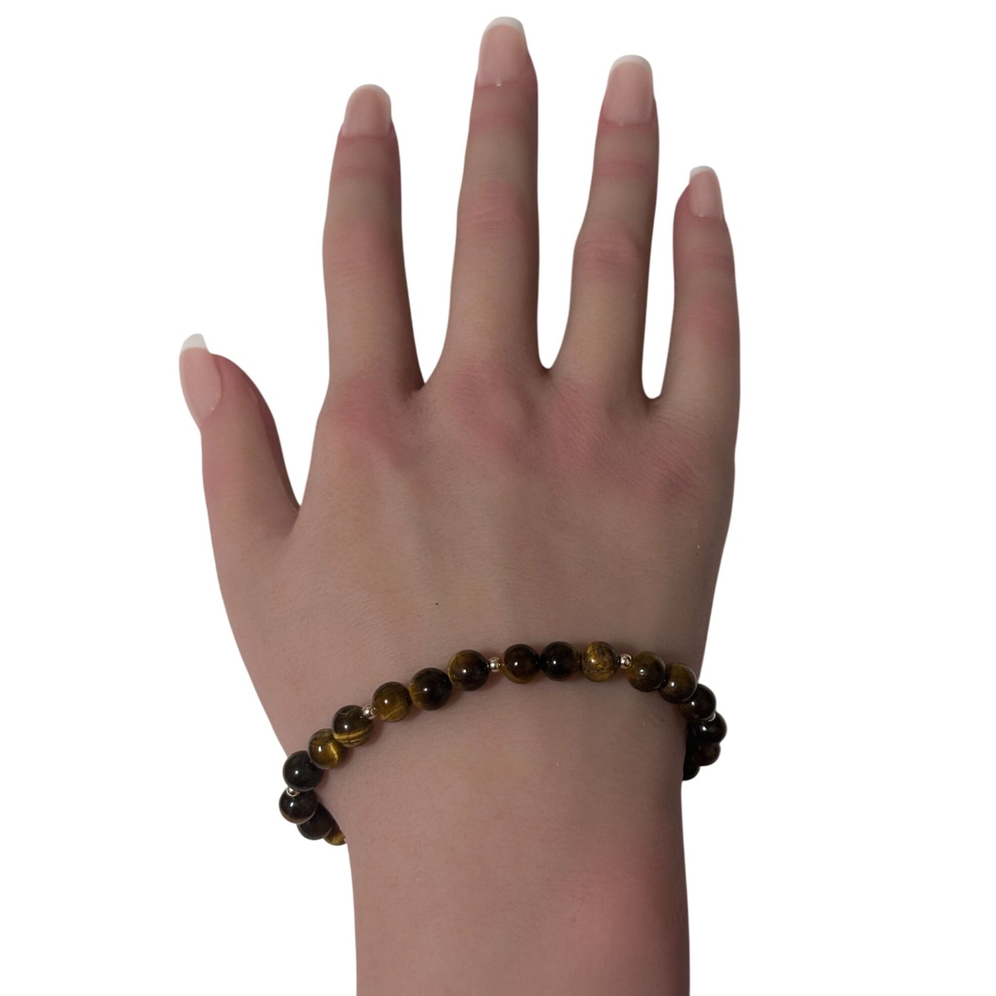 Tiger's Eye Gemstone Beaded Stretch Bracelet with 14K Gold Accent Beads Handmade Natural Stone Jewelry Size 6.5 inches - Rafant