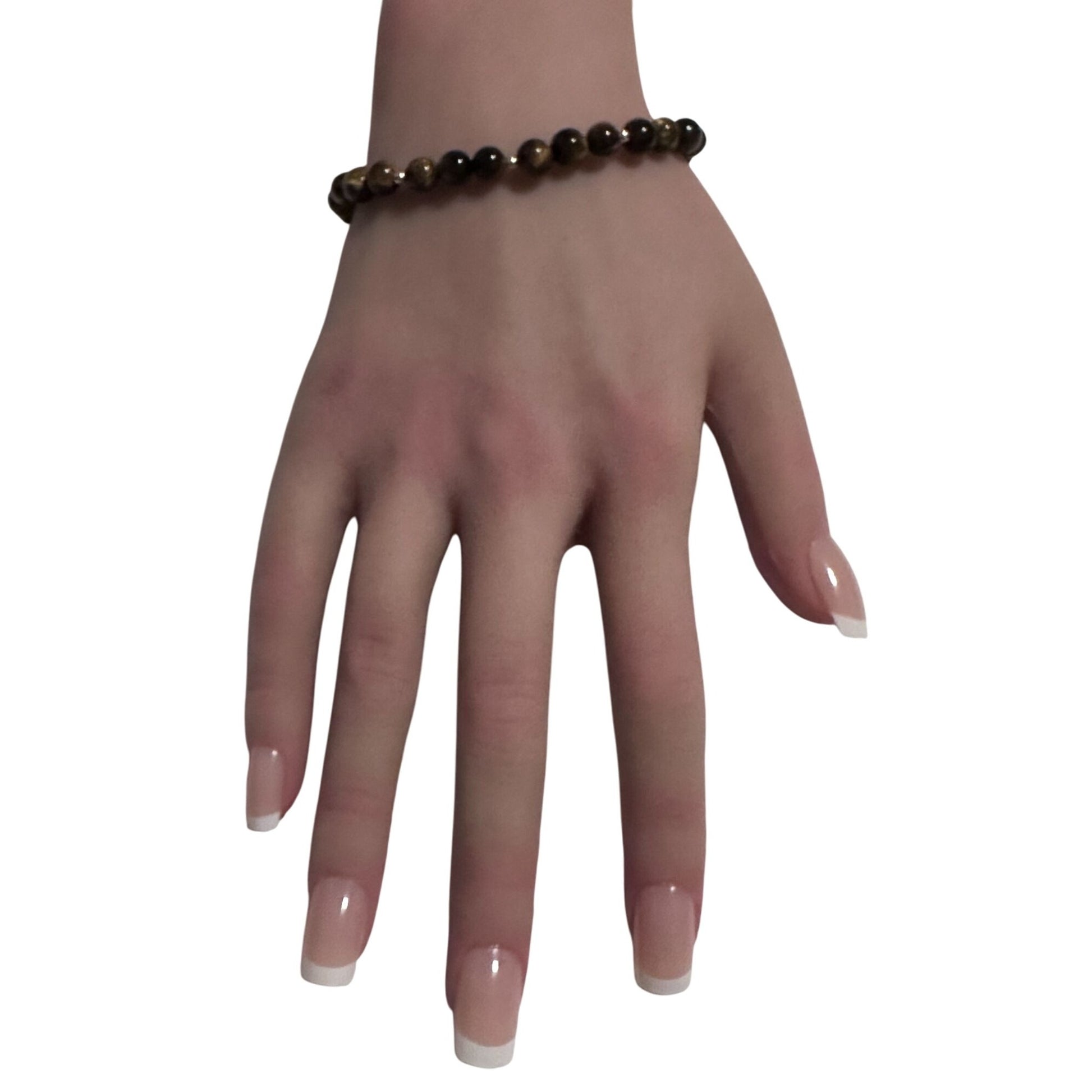 Tiger's Eye Gemstone Beaded Stretch Bracelet with 14K Gold Accent Beads Handmade Natural Stone Jewelry Size 6.5 inches - Rafant