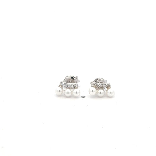 925 Sterling Silver Stud Earrings Freshwater Pearl Cubic Zirconia Small - Rafant