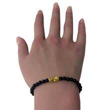 Load image into Gallery viewer, 18K Gold Pixiu Piyao Bracelet Gemstones Matte Onyx 4mm Mini 6mm Elastic Bracelet
