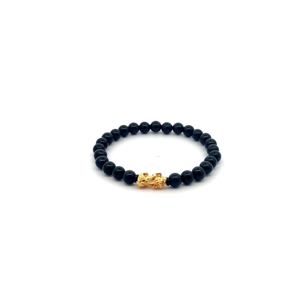 18K Gold Pixiu Piyao Lucky Charm Bracelet Black Obsidian Gemstones 6mm