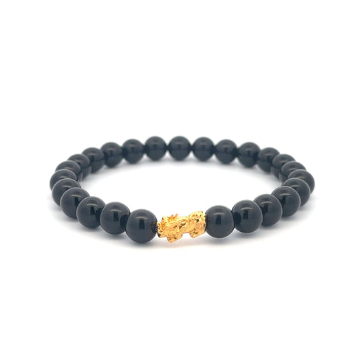 18K Gold Pixiu Piyao Lucky Charm Bracelet Black Obsidian Gemstones 8mm Size 7.5 inches - Rafant
