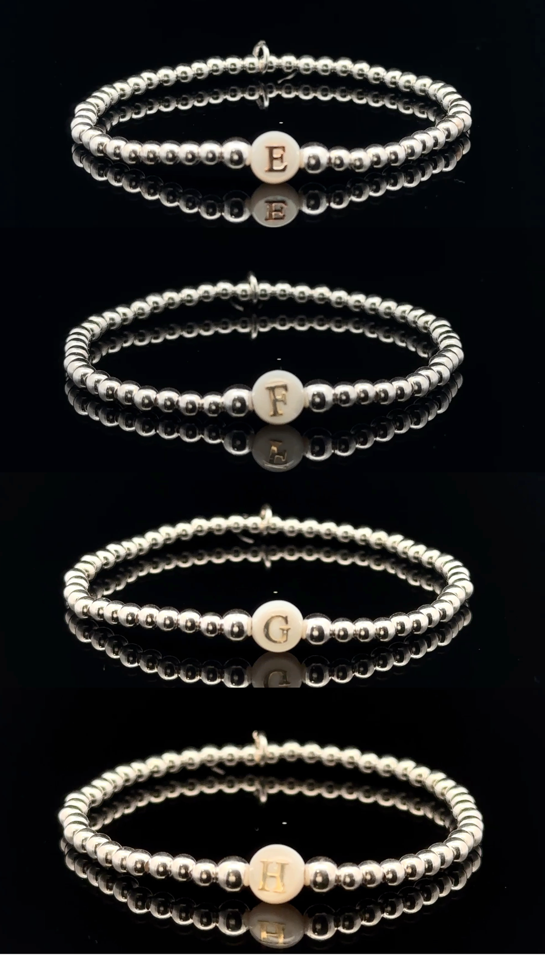 925 Sterling Silver Beaded Stretch Stacking Bracelet MOP Letters Initials - Rafant