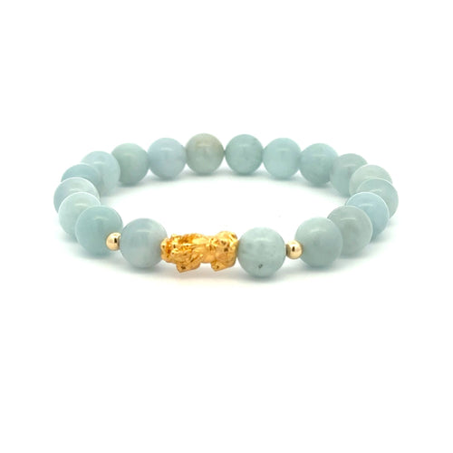 18K Gold Dragon Pixiu Piyao Beads Bracelet Gemstones Aquamarine 8mm Size 8 inches - Rafant