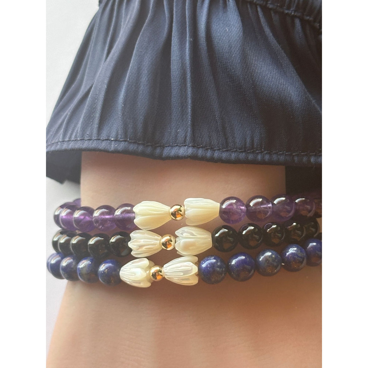 Natural 6mm Gemstone Stretch Bracelet Amethyst Lapis Onyx 14K Solid Gold Pikake MOP